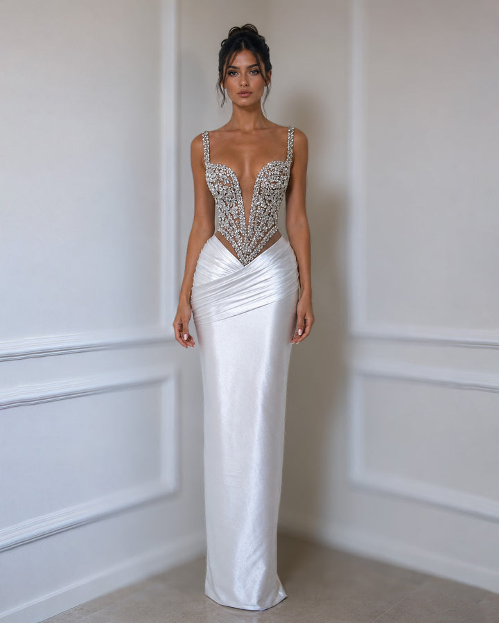 White crystal corset column gown showing a straight fitted silhouette