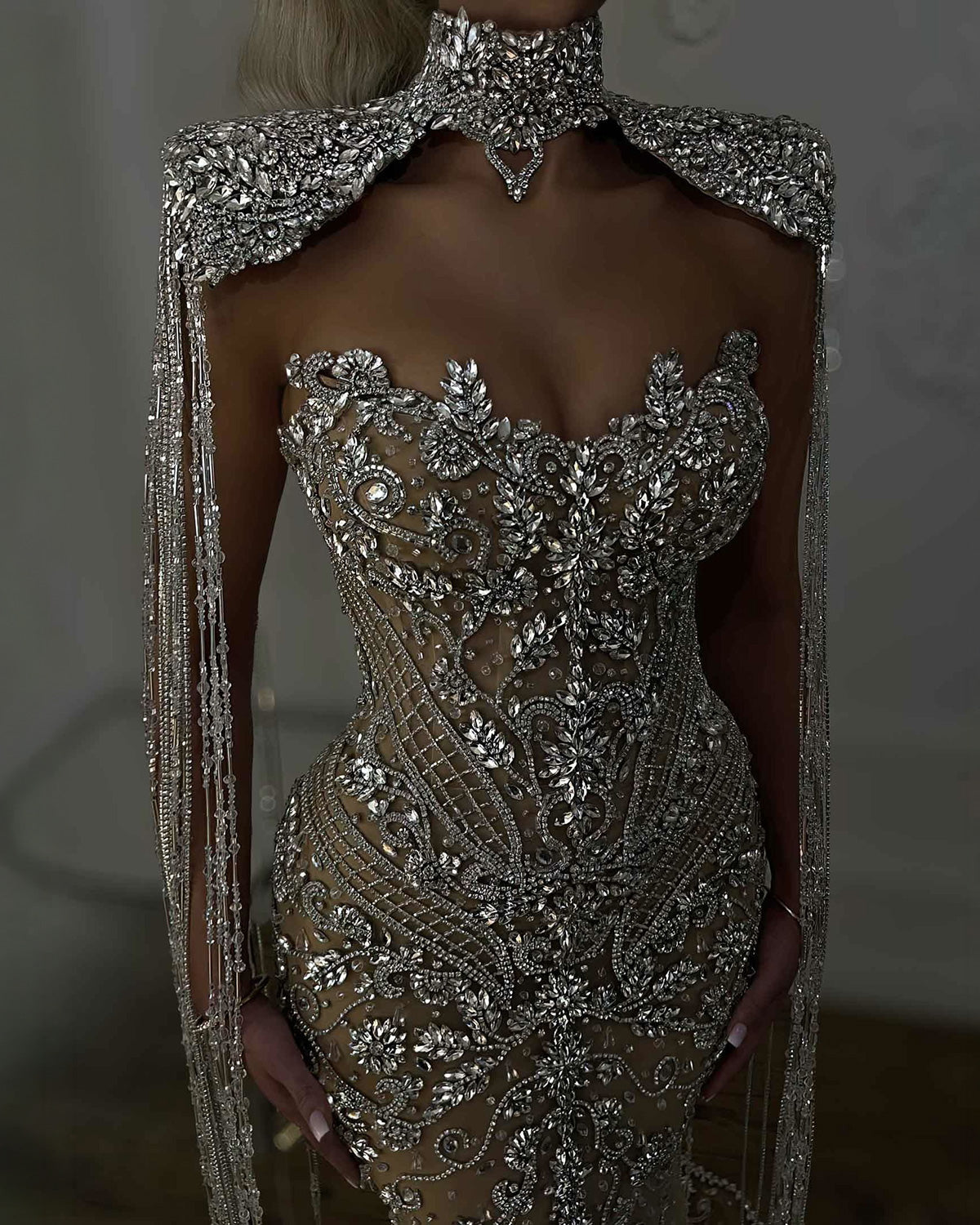 Nude Crystal Illusion Corset Gown with Draped Shoulder Chains
