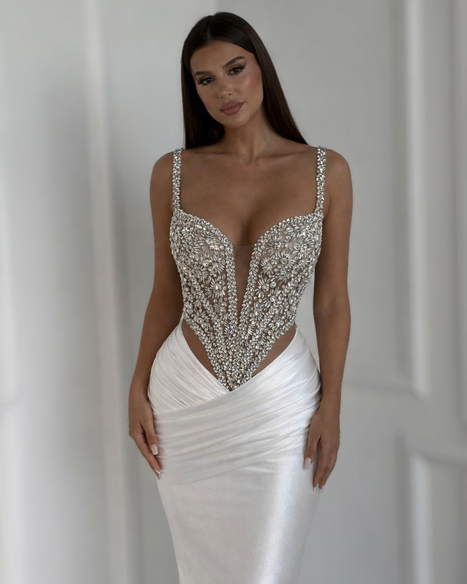 White Crystal Corset Column Gown – Two-Piece Bridal Set – Reinee Couture