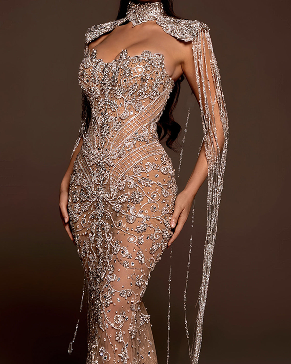 Crystal-Embellished Nude Corset Column Gown with Shoulder Drapes