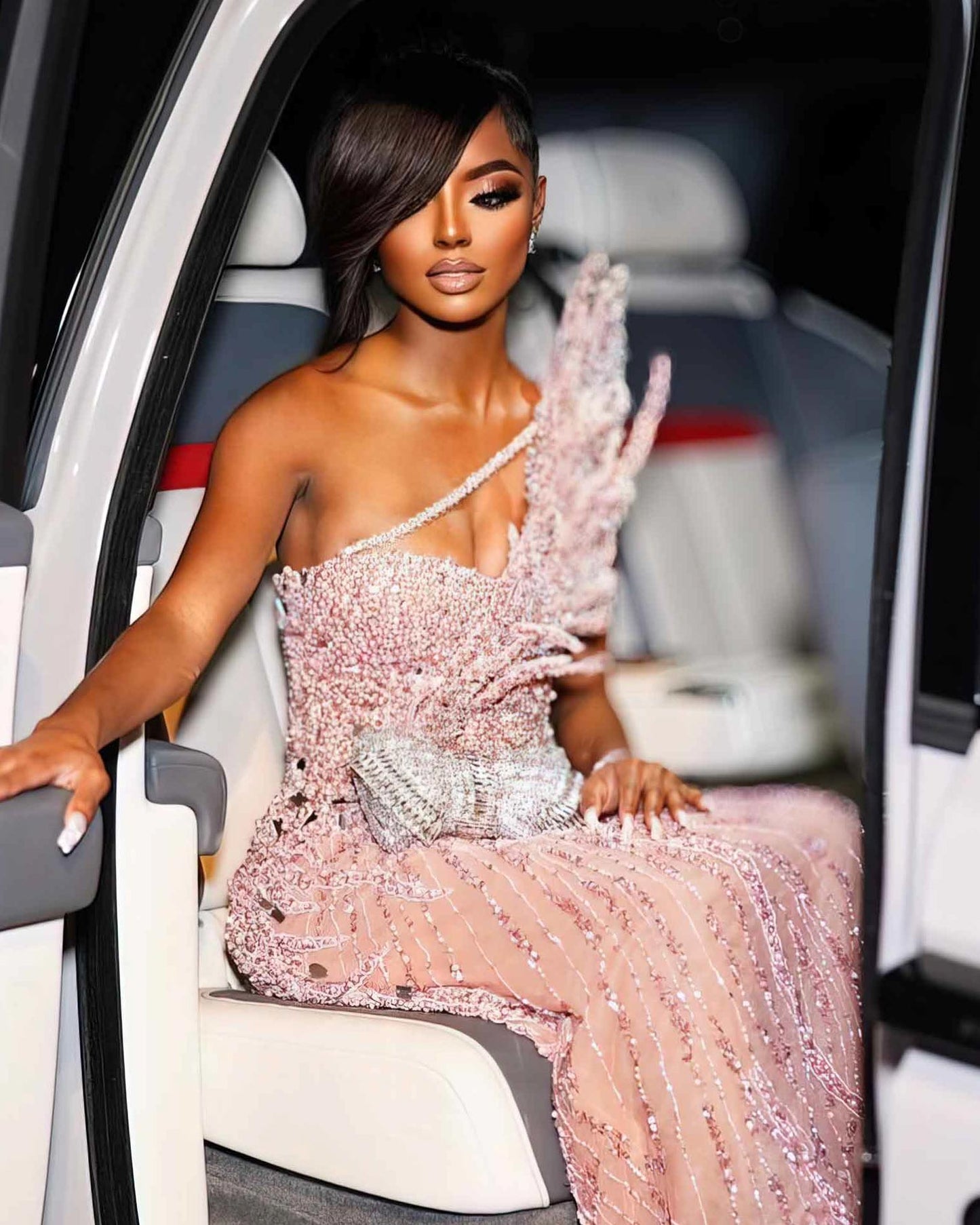 Blush Pink One-Shoulder Crystal Corset Gown