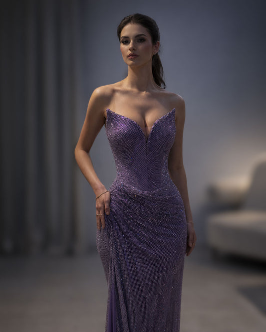 Purple Crystal Corset Evening Gown with Draped Skirt and Slit
