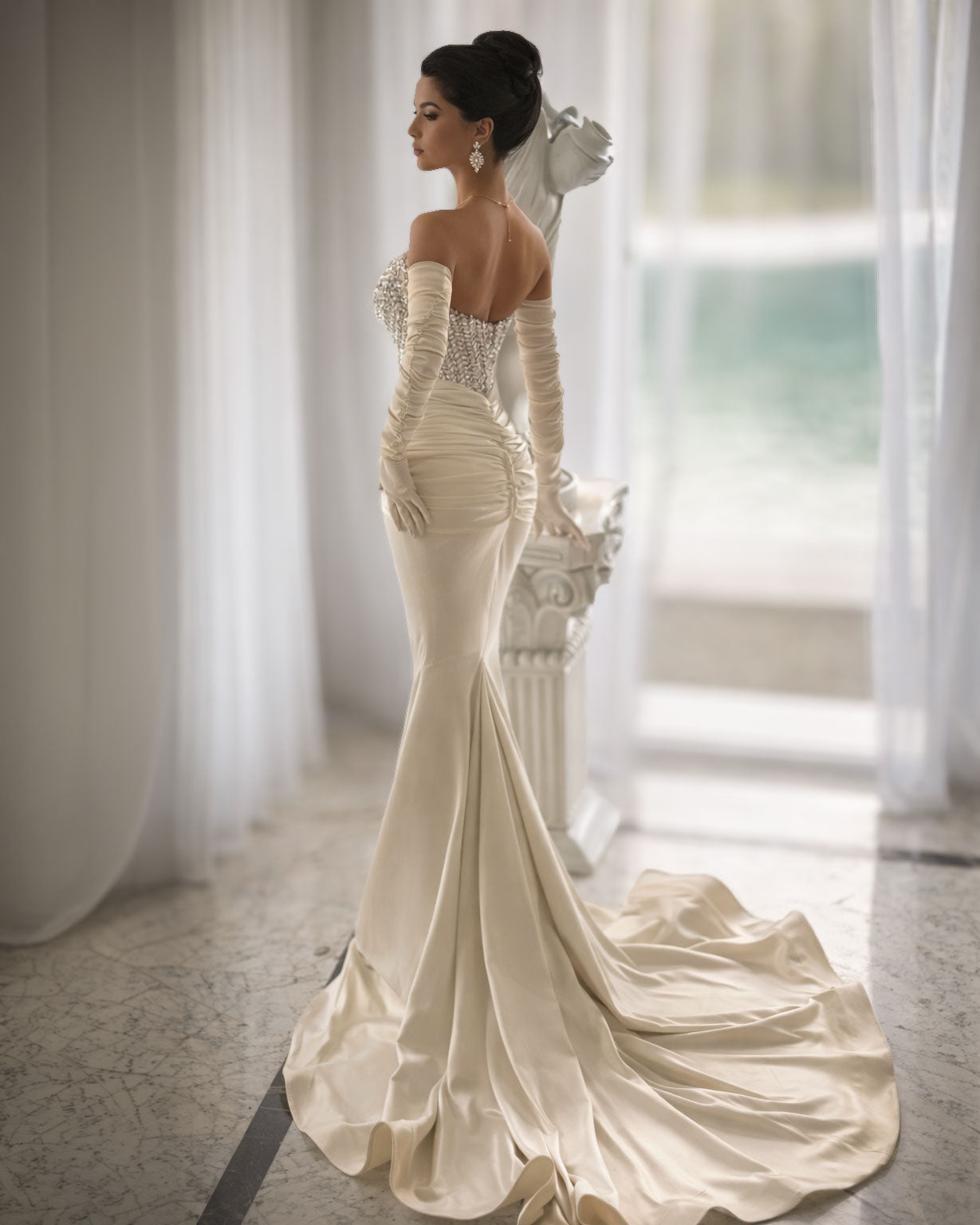 Champagne Crystal Corset Mermaid Evening Gown with Satin Gloves