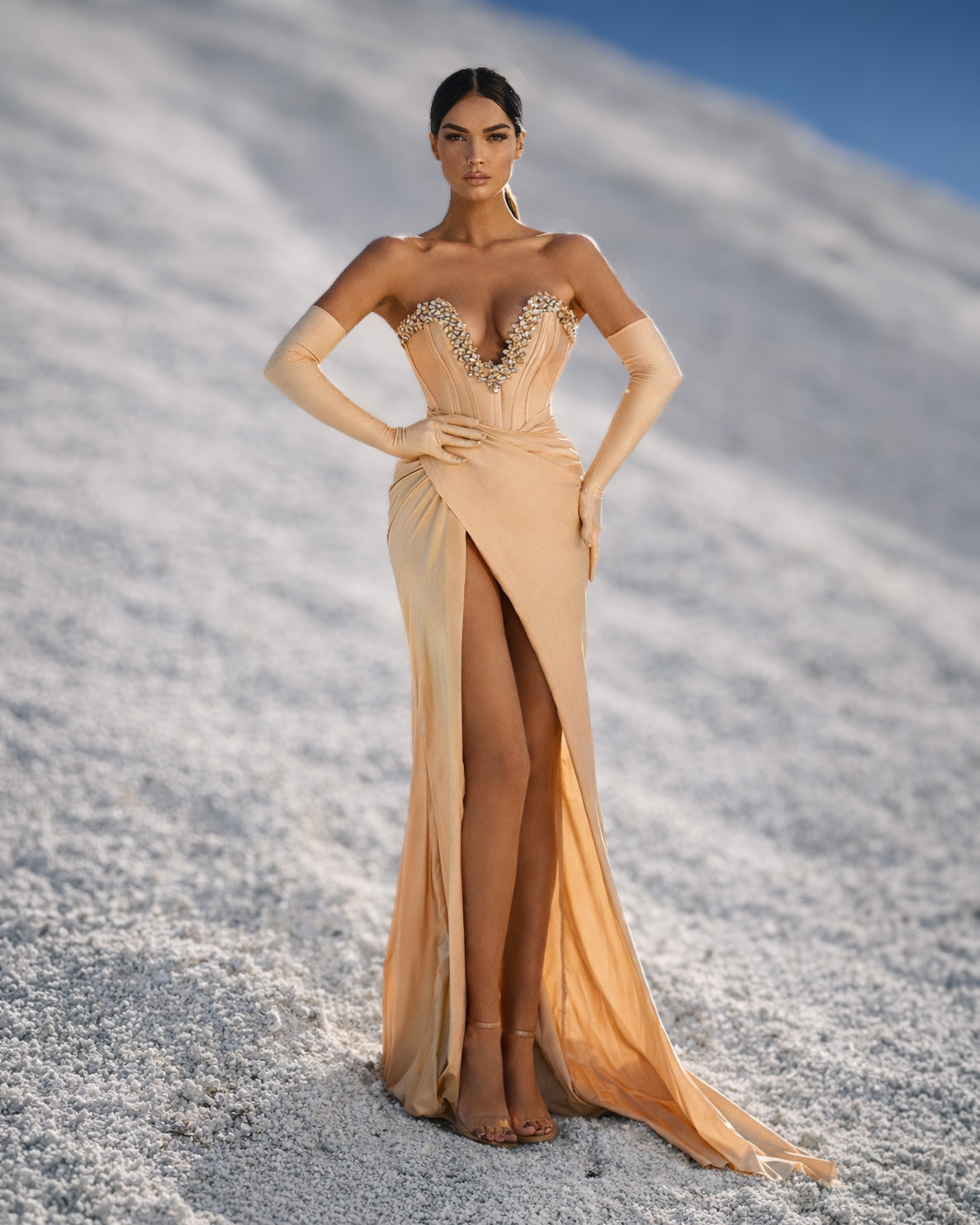 Champagne Crystal Corset Gown with High Slit