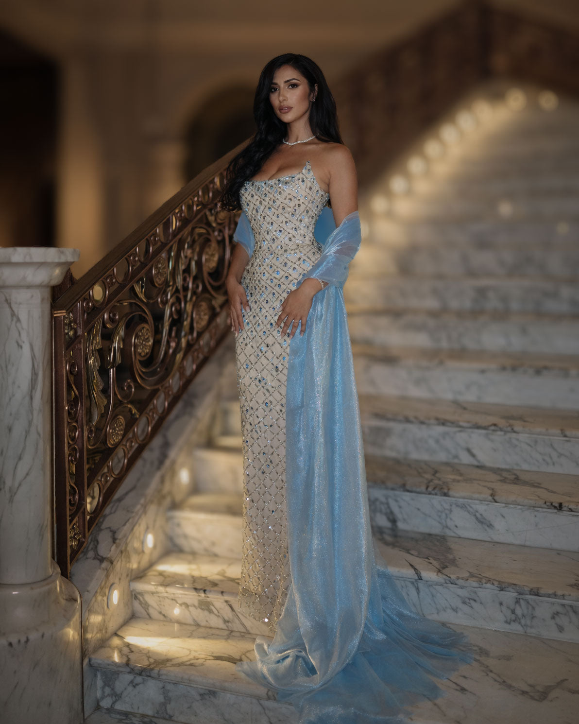 Champagne Crystal Corset Gown with Blue Sheer Train