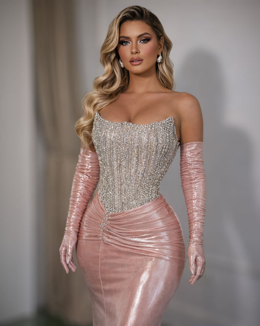Blush Pink Crystal Corset Mermaid Evening Gown with Gloves