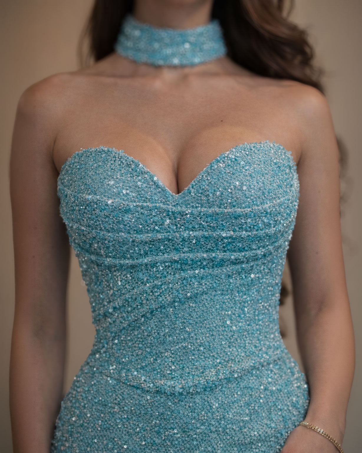 Teal Crystal Strapless Evening Gown with Choker Neck
