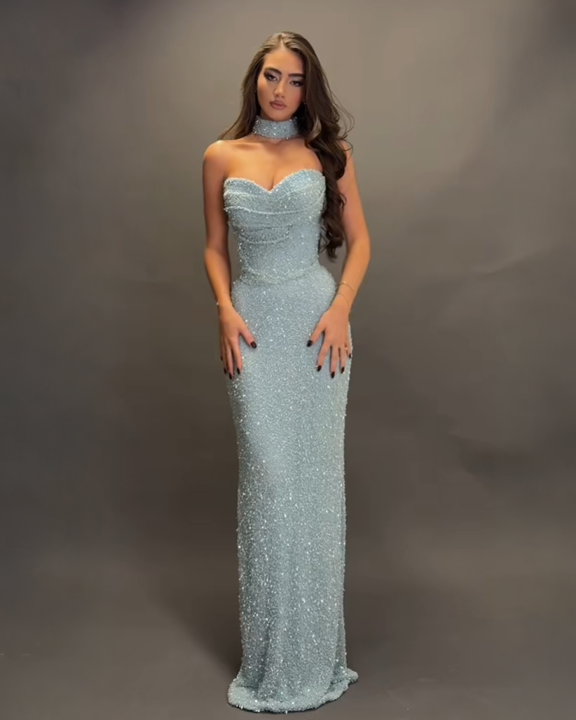 Lilac Crystal Corset Column Gown with Choker Neckline