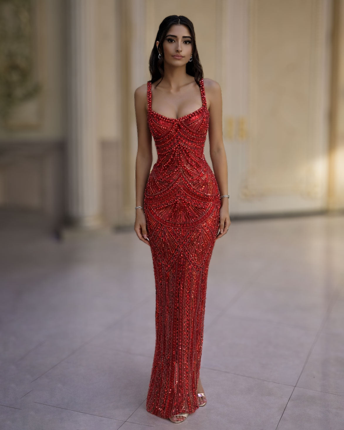 Red Crystal Embellished Evening Gown With Straps