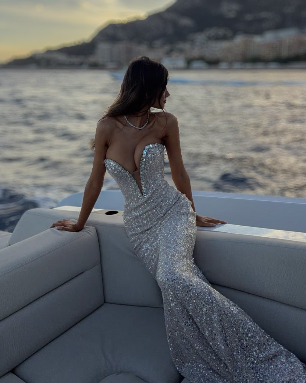 Silver Crystal Draped Strapless Corset Gown