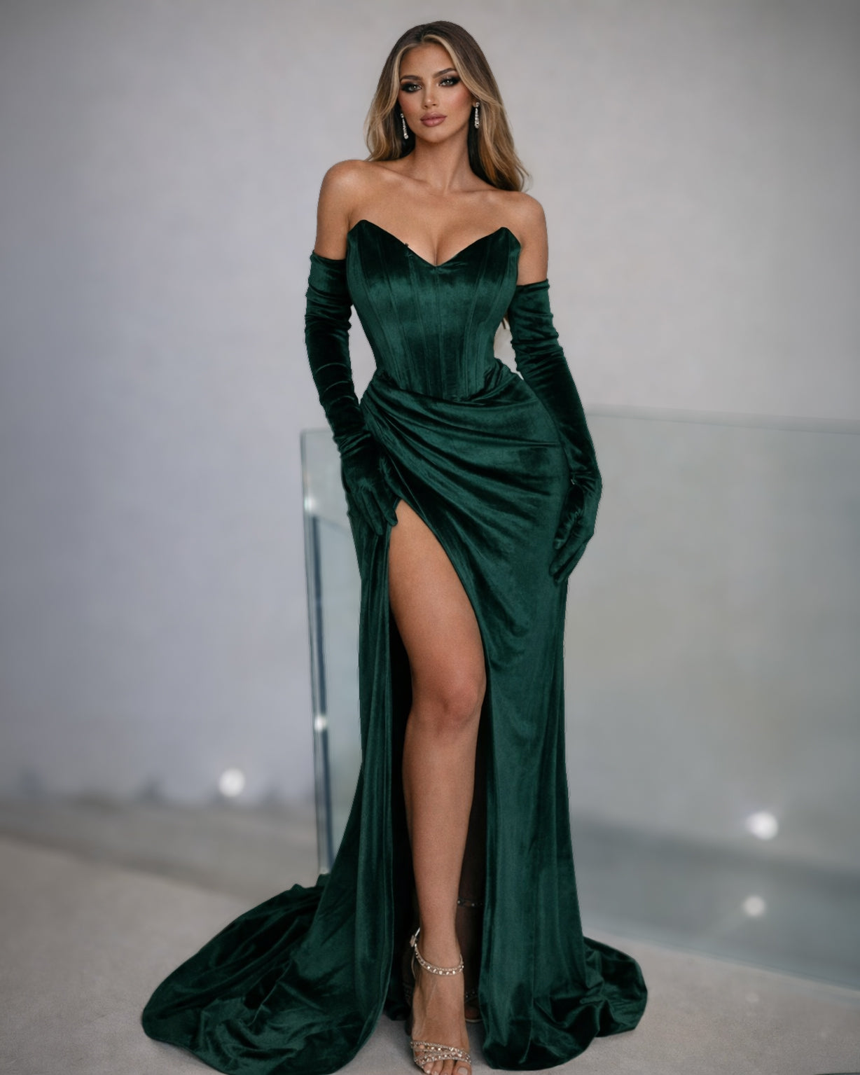 green velvet off the shoulder dress Emerald Green Velvet Corset Gown with Off-Shoulder Sleeves and High Sl –  Reinee Couture