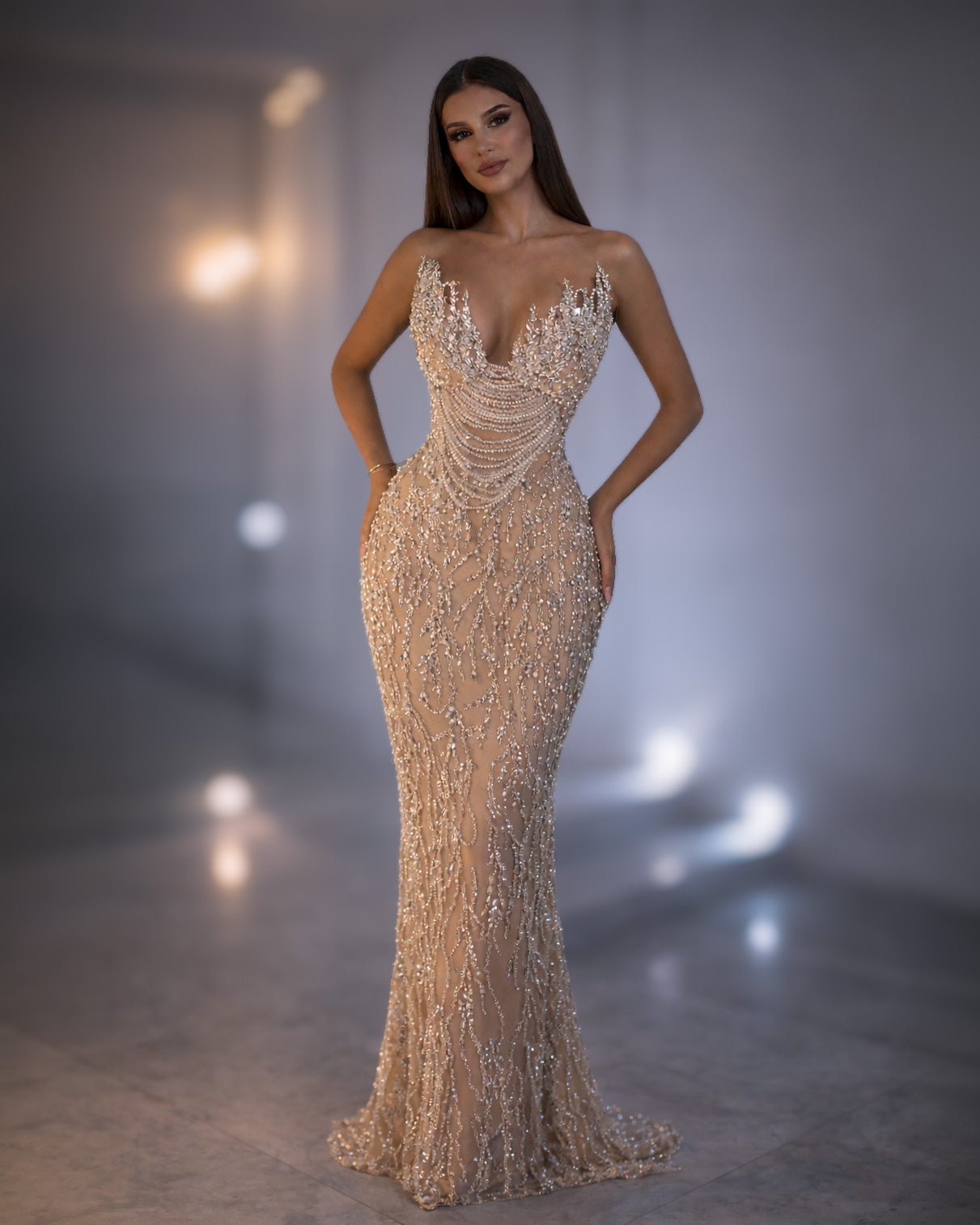 Champagne Crystal Corset Gown | Beaded Long Evening Dress Reinee Couture Champagne Crystal Corset Gown | Beaded Long Evening Dress Reinee Couture