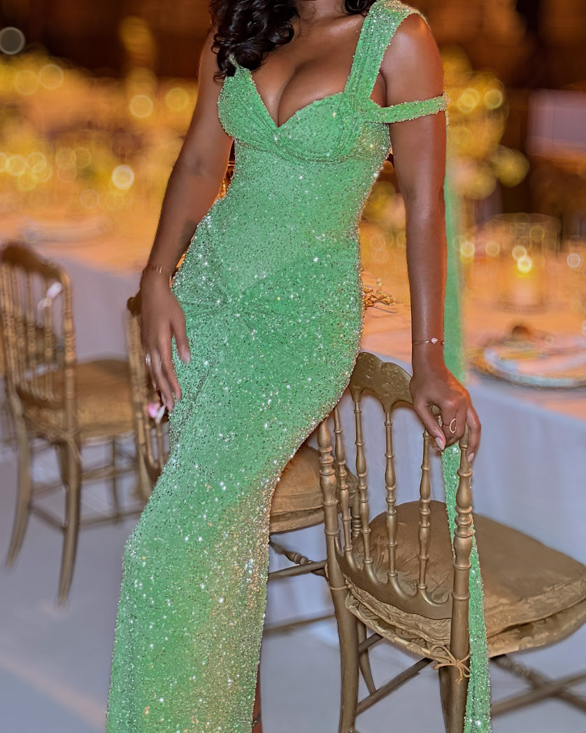 Emerald Green Crystal Corset Column Gown with Off-Shoulder Straps