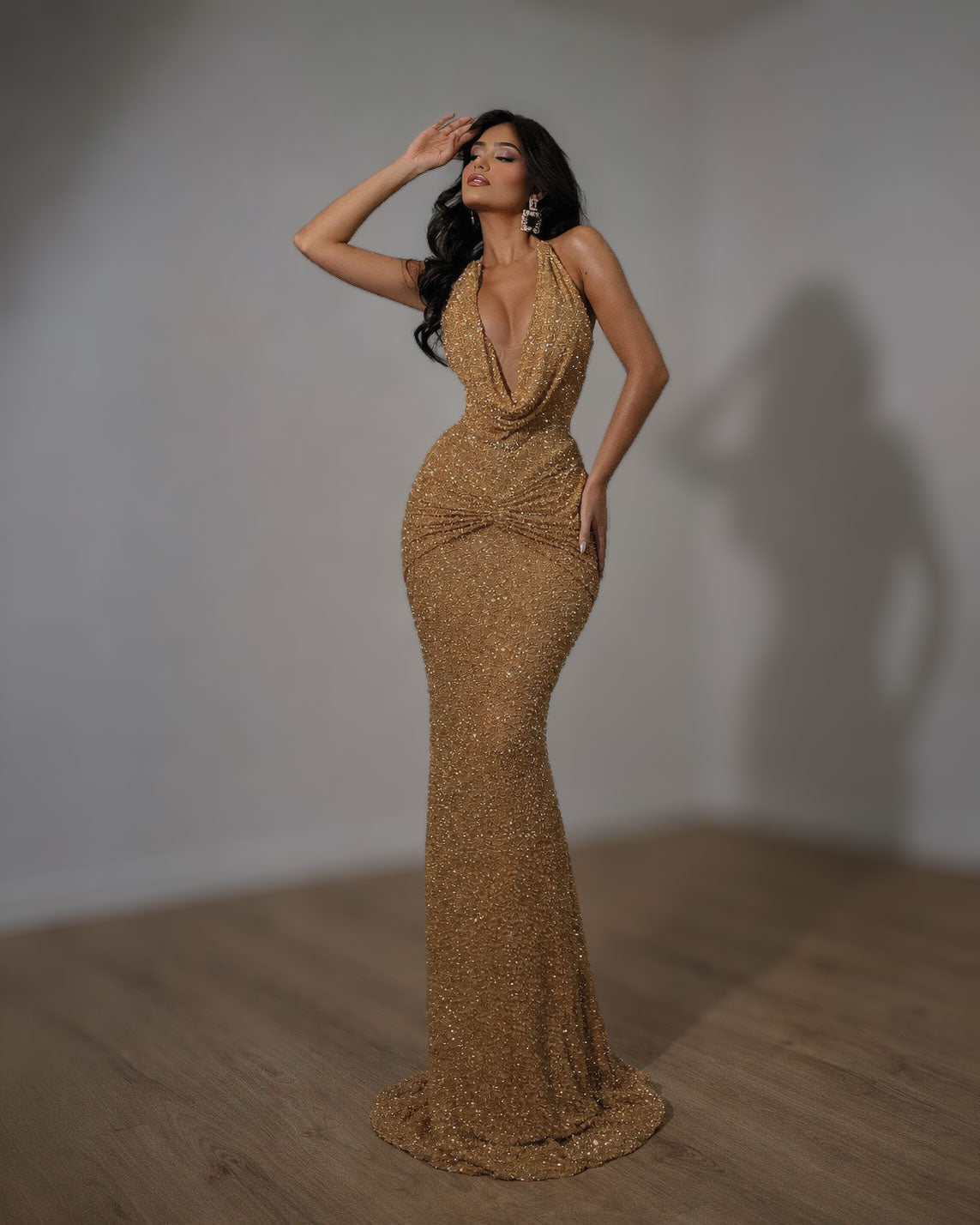 Gold Glitter Plunge Halter Evening Gown with Draped Waist