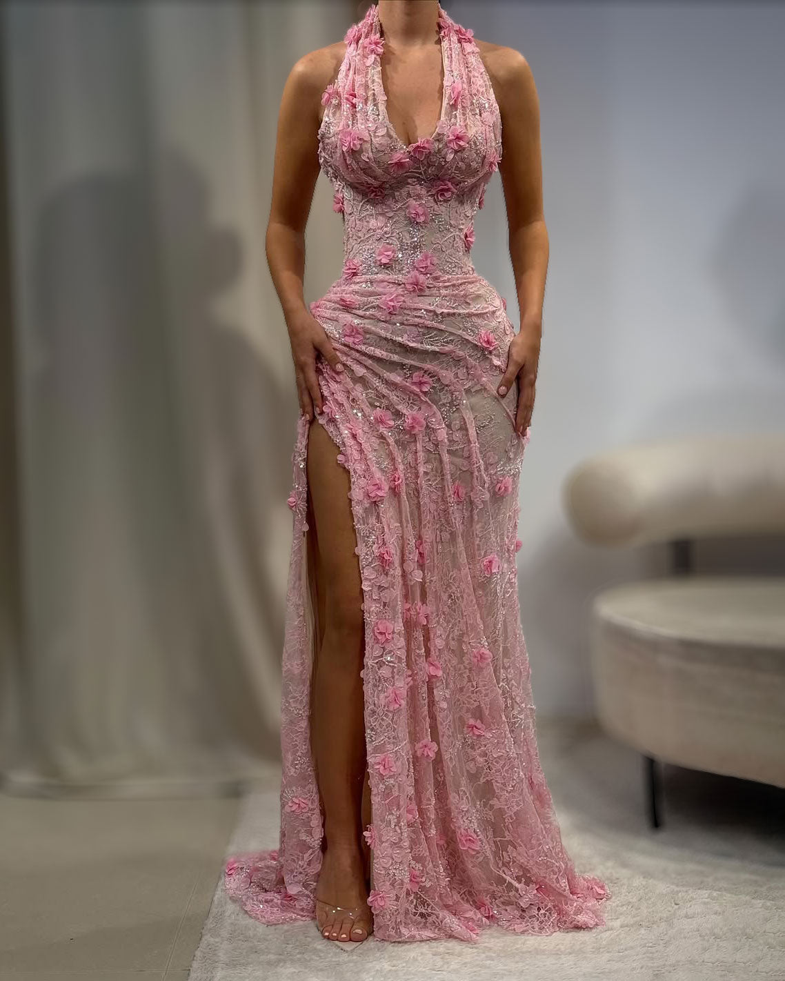 pink lace halter dress Floral Couture Gown With High Slit – Reinee Couture RIBBON Color:Orange TB222 The halter neckline and Elegant Halter Crochet Midi