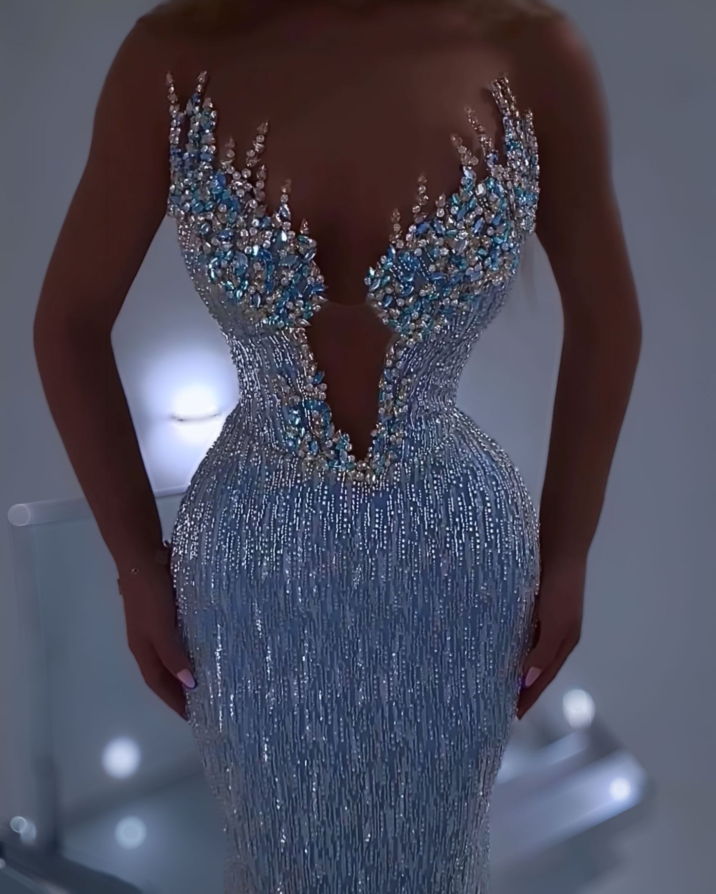 Icy Blue Crystal Corset Long Gown