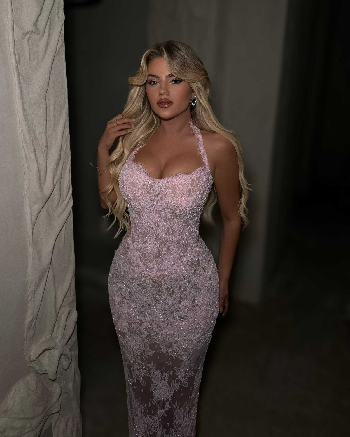 Blush Pink Halter Lace Corset Evening Gown with Beaded Embellishment