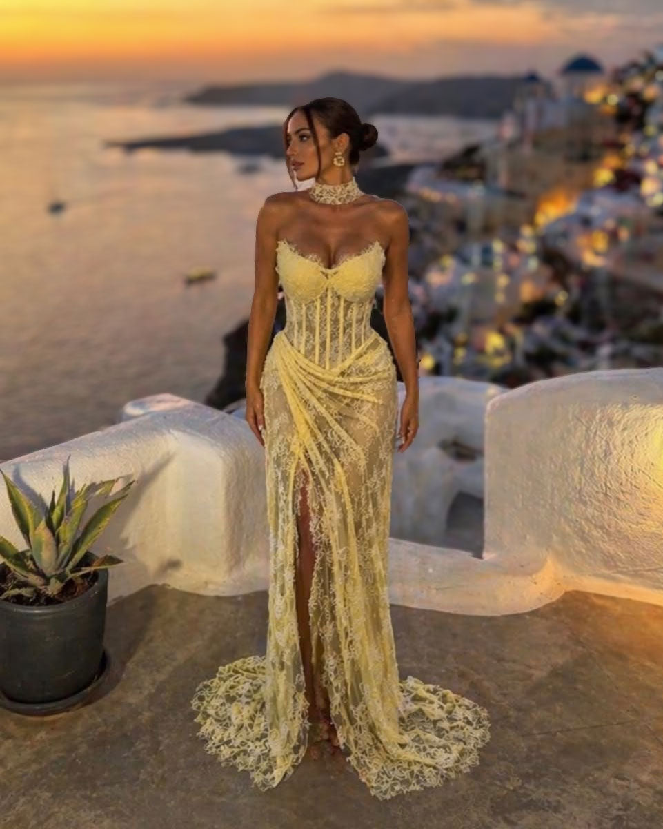 Butter Yellow Lace Corset Gown with Choker Detail