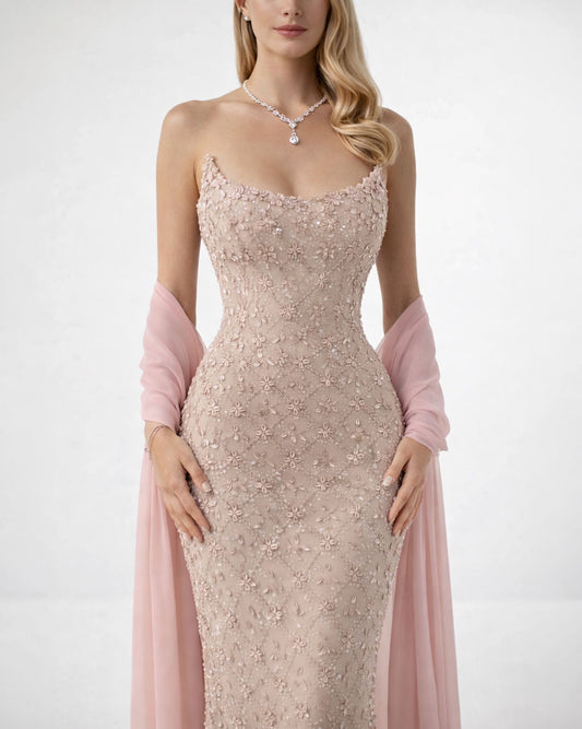 Blush Floral Embellished Evening Gown with Chiffon Draped Sleeves