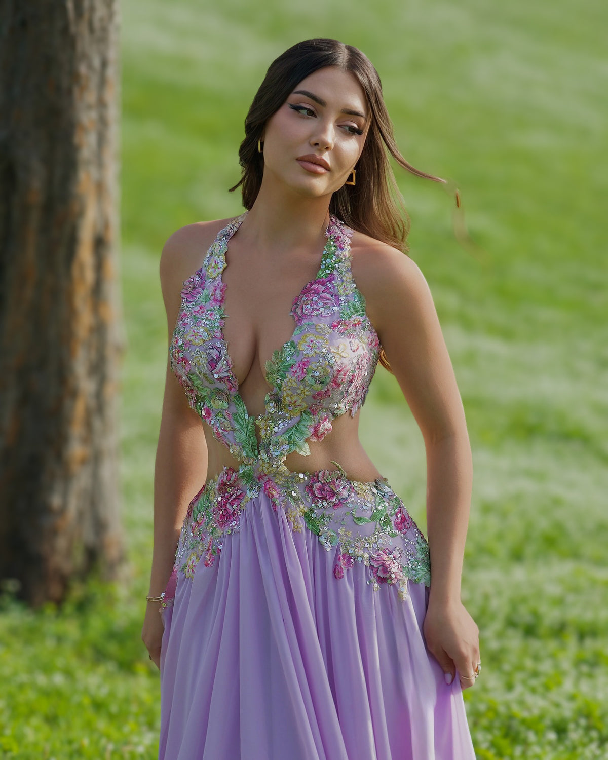 Lavender Floral Halter Cutout Evening Gown