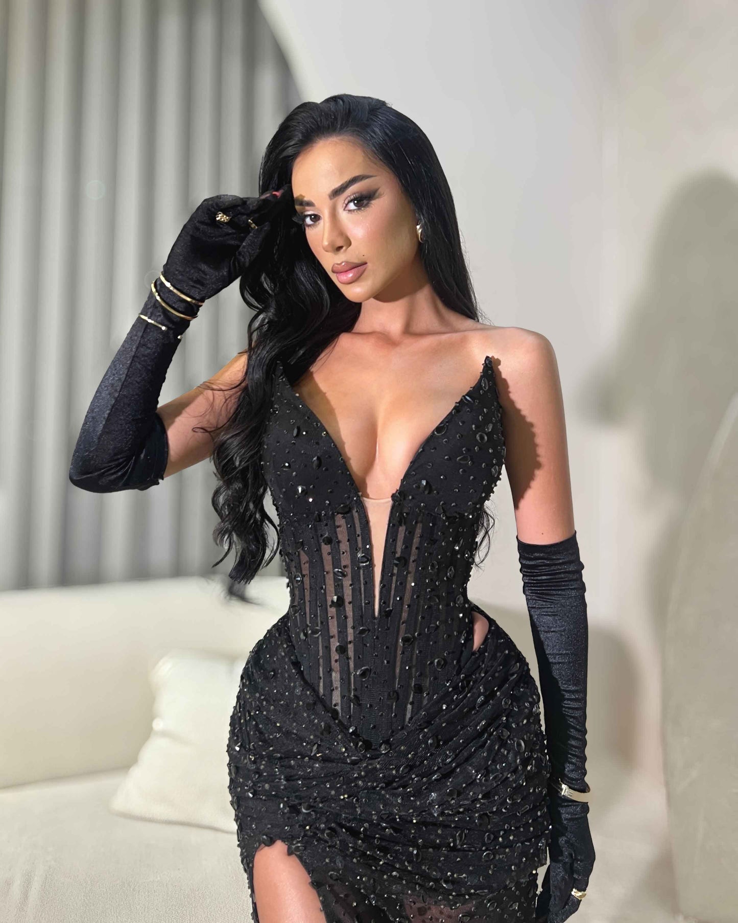Black Crystal Corset Gown with Sheer Draped Skirt and High Slit