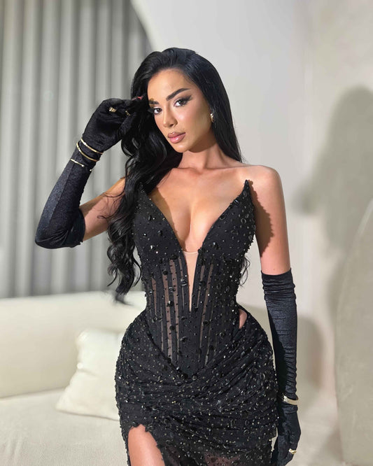 Black Crystal Corset Gown with Sheer Draped Skirt and High Slit