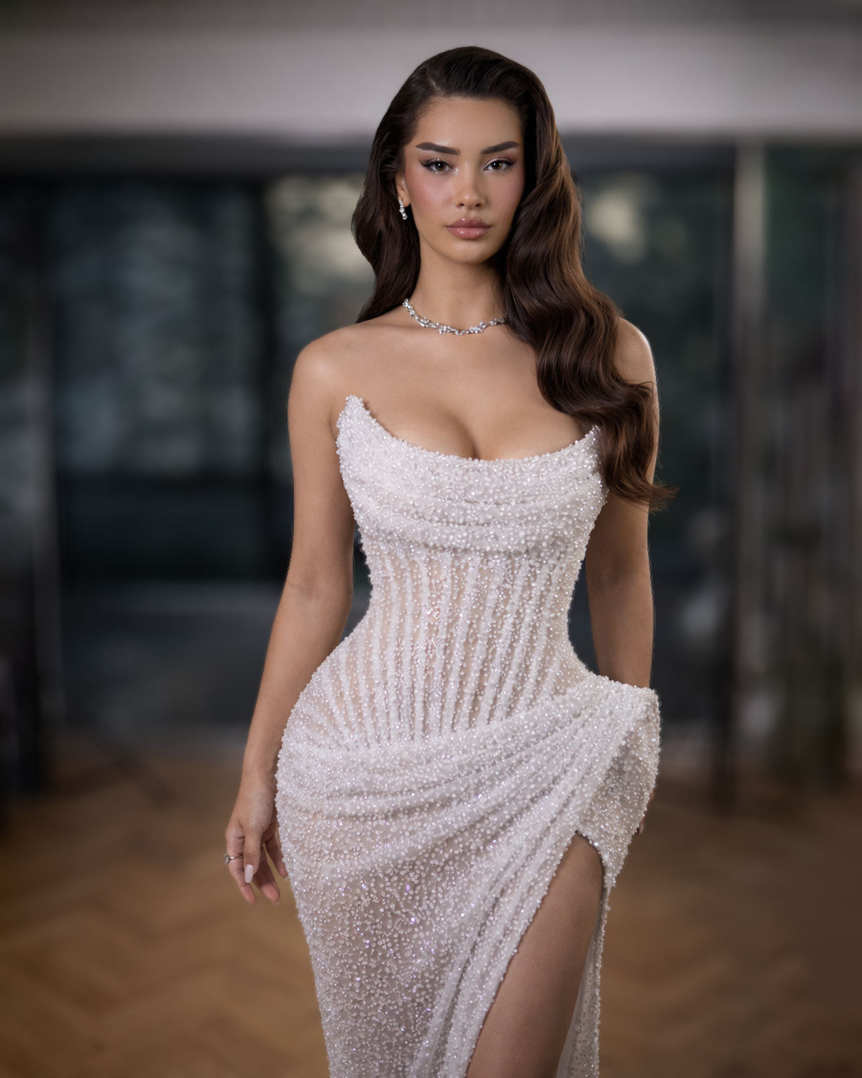 White Pearl Corset High Slit Evening Gown