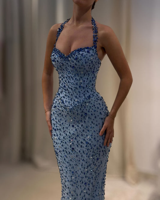 Ice Blue Sapphire Crystal Evening Gown