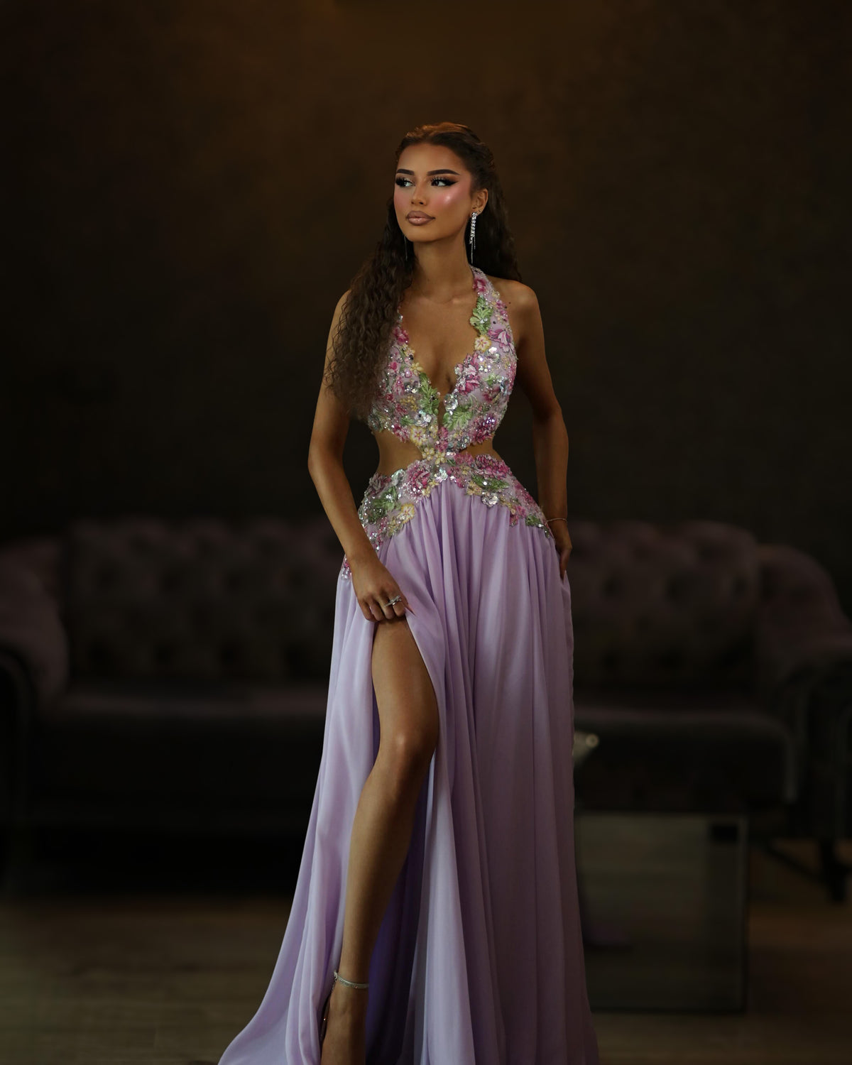 Lilac Floral Embellished Halter Cutout Gown