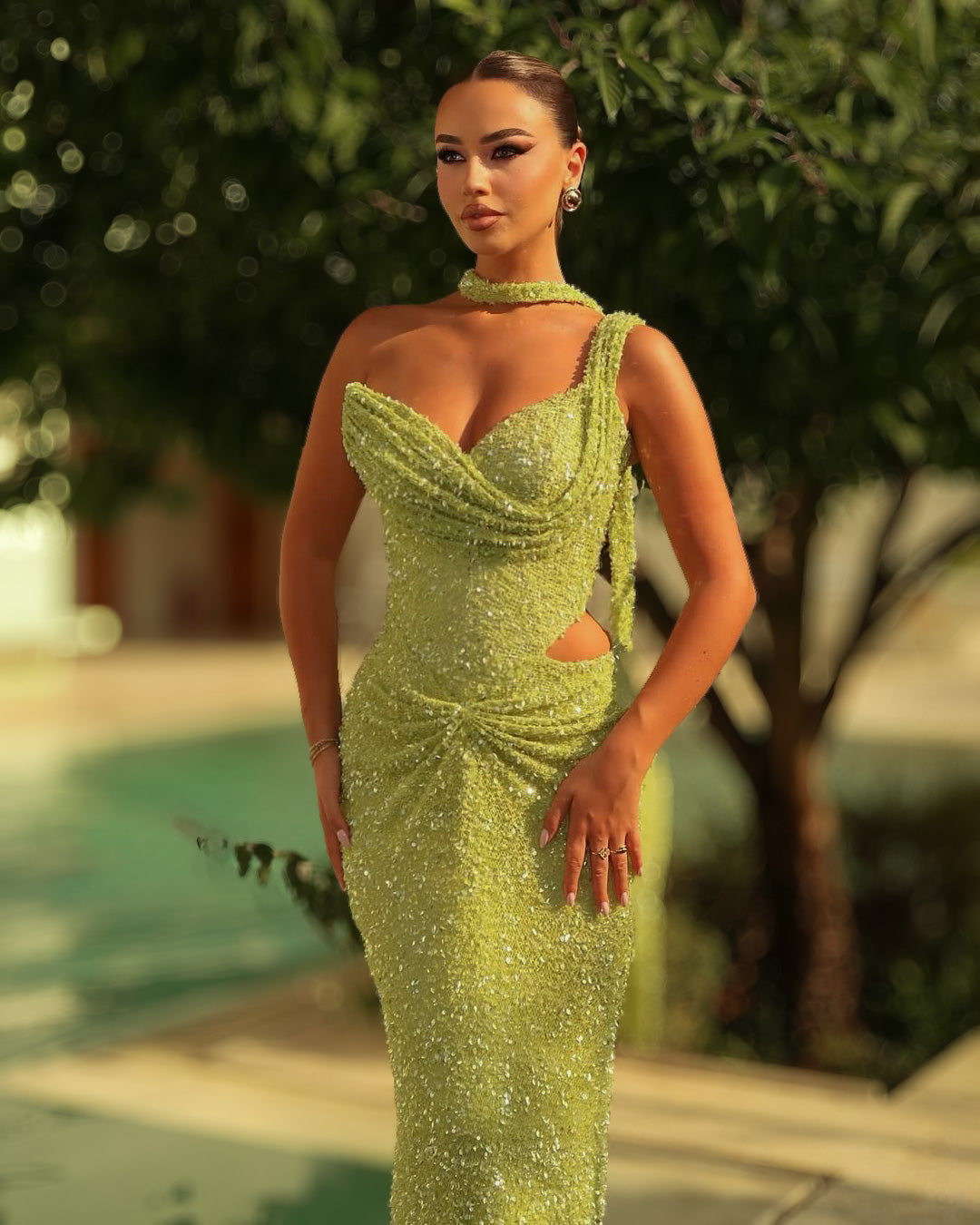 Lime Green Crystal Corset Column Gown with Asymmetric Neckline