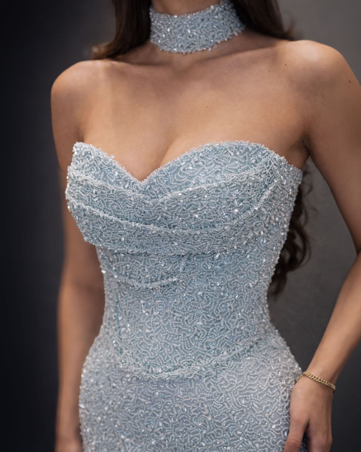 Ice Blue Crystal Strapless Evening Gown with Choker Neck