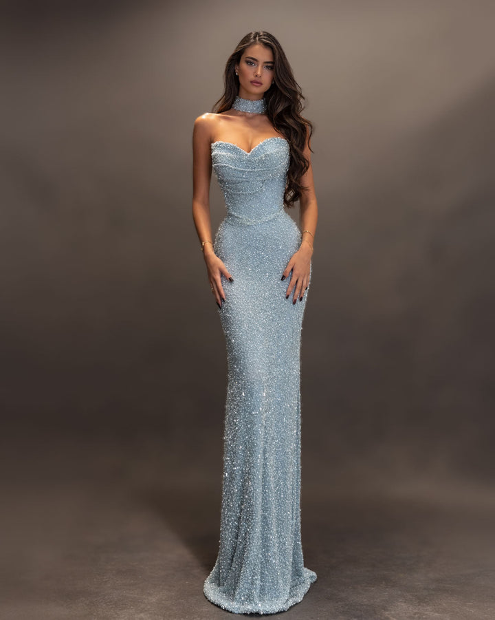 Ice blue crystal strapless evening gown with choker for an evening gown neckline guide
