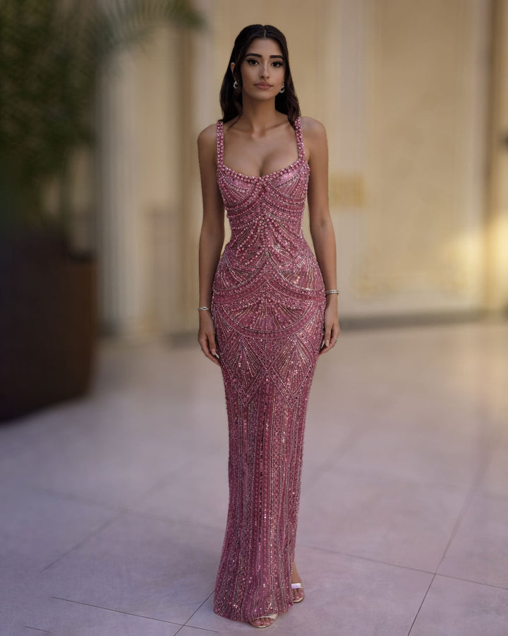 Rose pink pearl embellished evening gown with crystal detailing