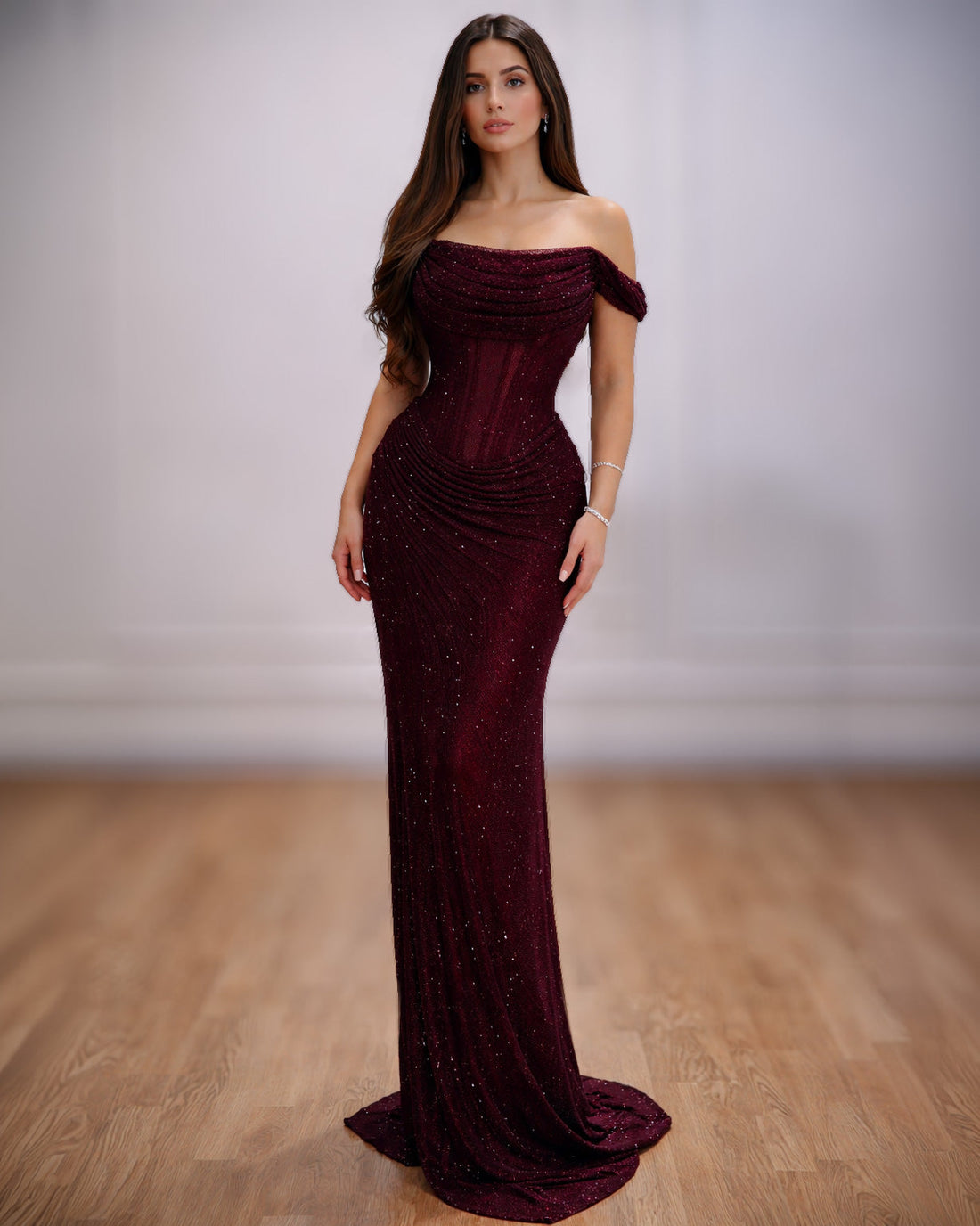 Burgundy off-shoulder corset evening gown for black-tie events