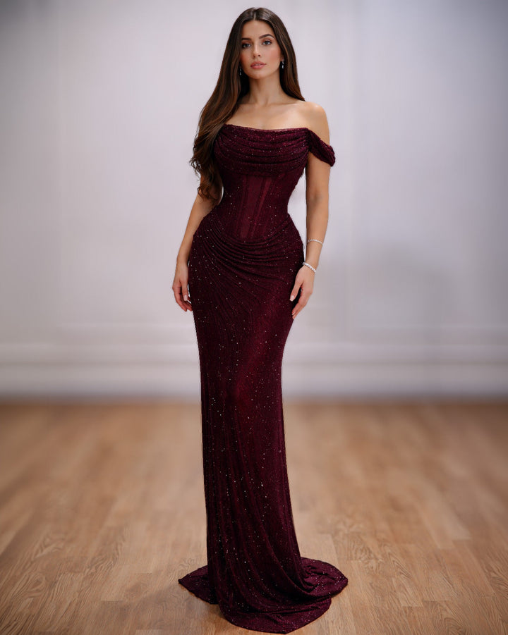 Burgundy off-shoulder corset evening gown for black-tie events