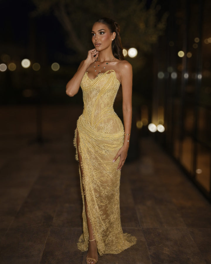 Butter yellow lace corset evening gown for formal wedding guest styling