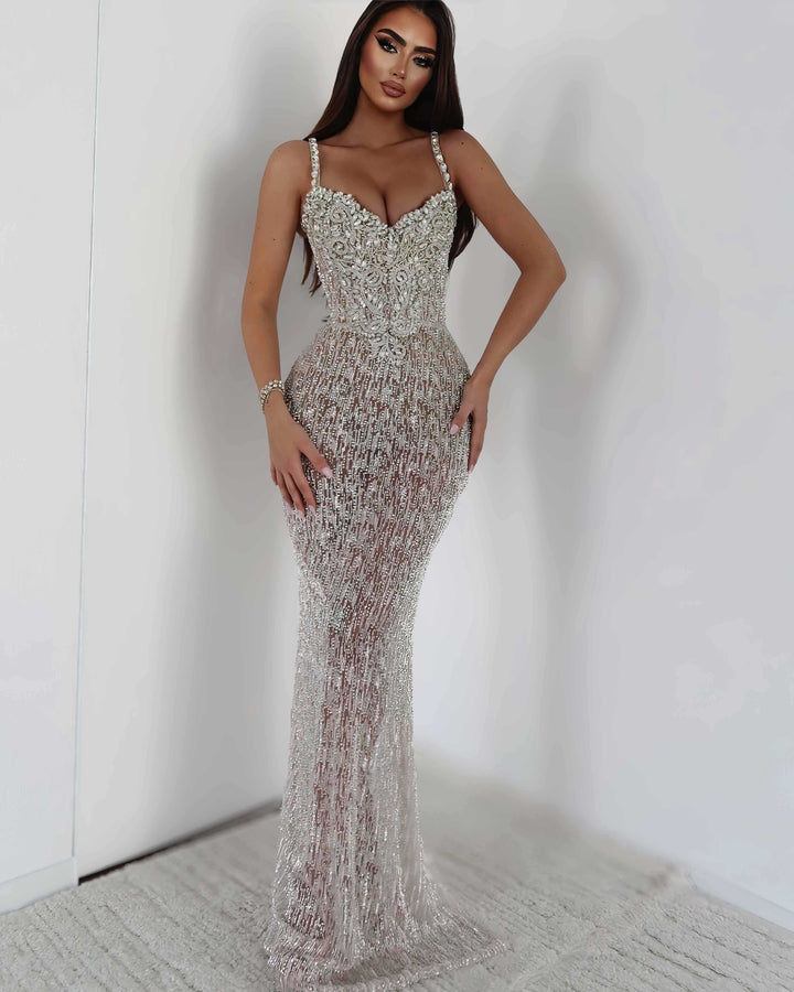 Silver crystal embellished corset gown showing structured bodice fit
