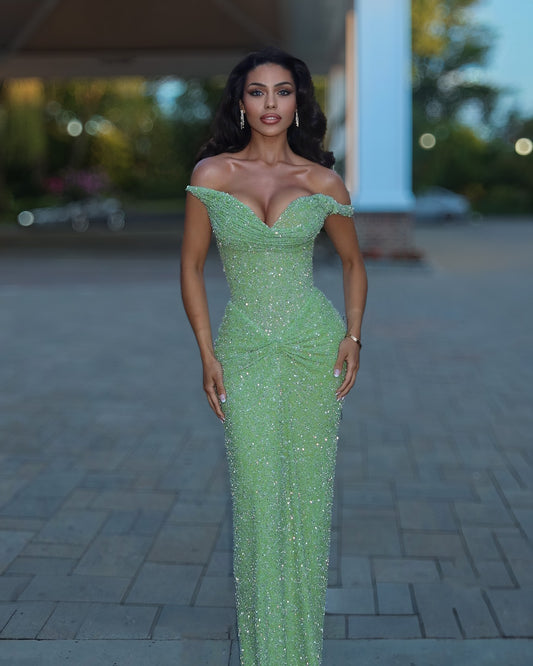Mint Green Crystal Corset Column Gown – Off-Shoulder Couture Evening Dress