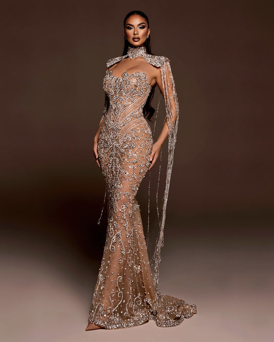 Nude Crystal Illusion Corset Gown with Draped Shoulder Chains
