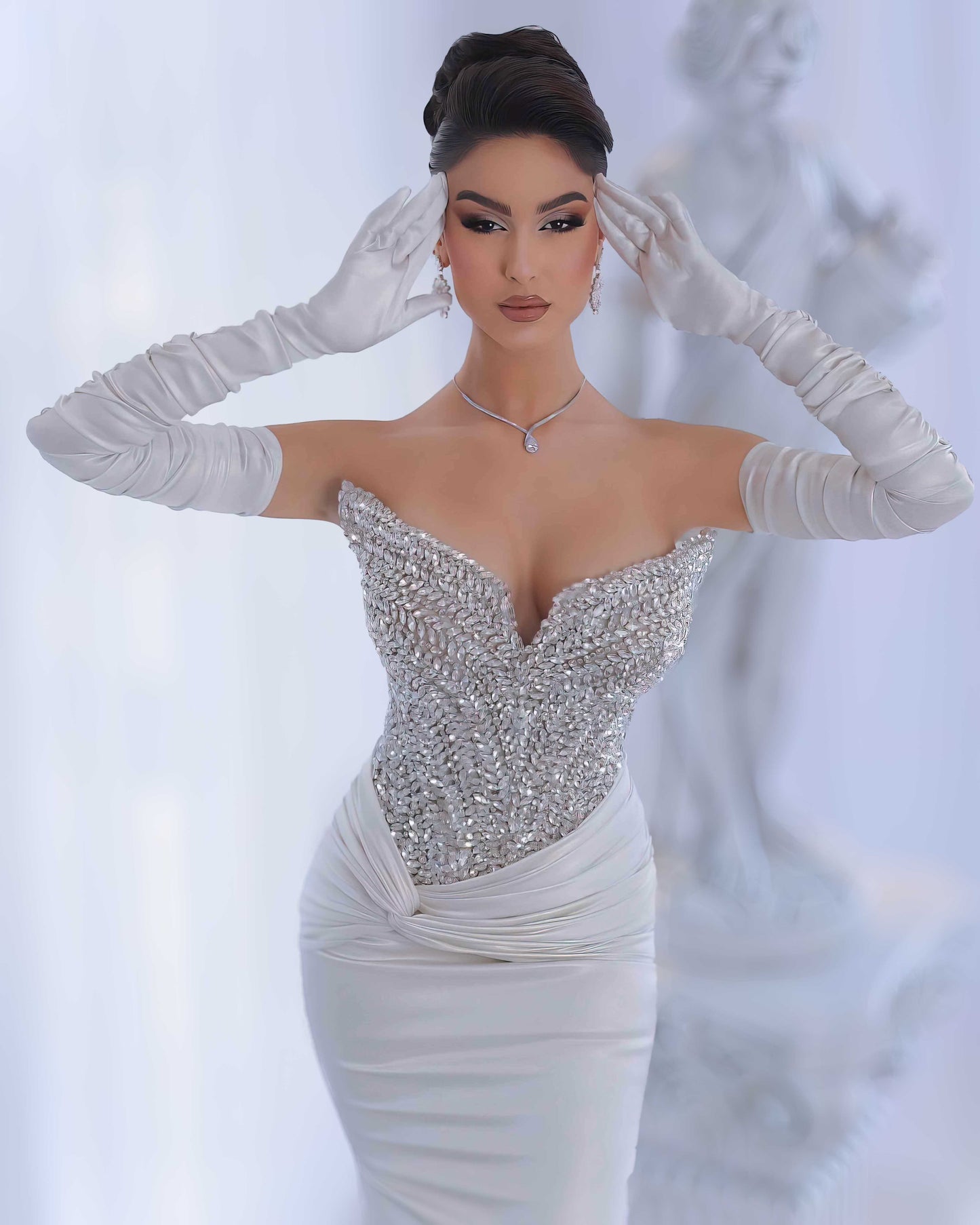 Ivory Silver Crystal Corset Mermaid Gown with Satin Gloves