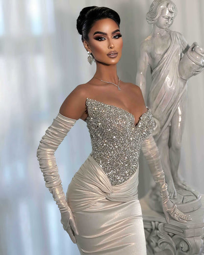 Ivory Silver Crystal Corset Mermaid Gown with Satin Gloves