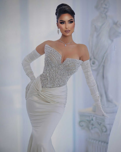 Ivory Silver Crystal Corset Mermaid Gown with Satin Gloves