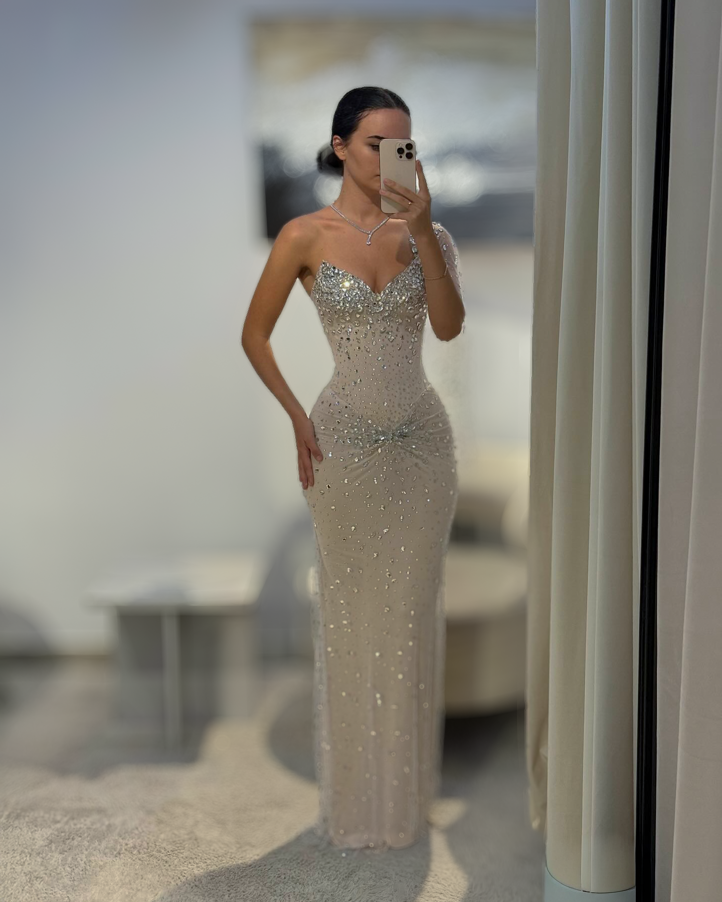 Silver Crystal One Shoulder Couture Gown