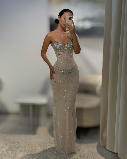 Silver Crystal One Shoulder Couture Gown