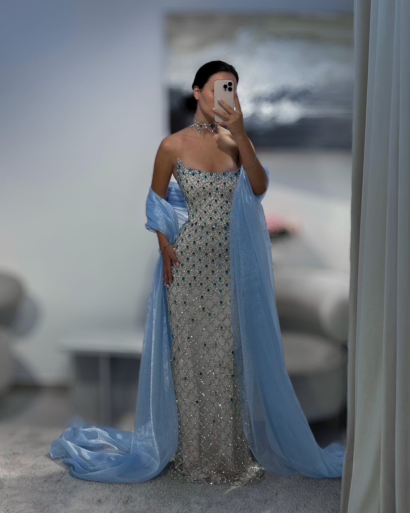 Ice Blue Crystal Column Gown With Draped Shawl