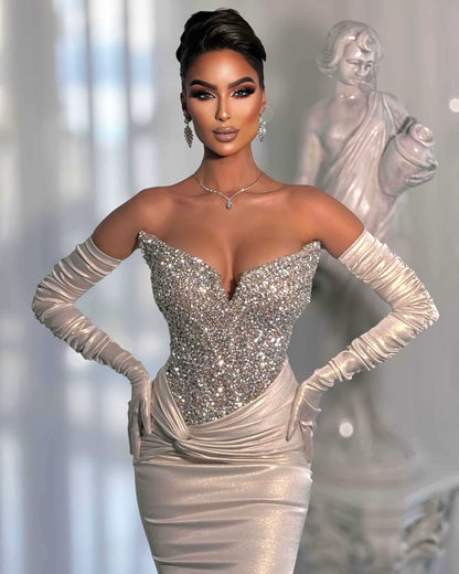 Ivory Silver Crystal Corset Mermaid Gown with Satin Gloves