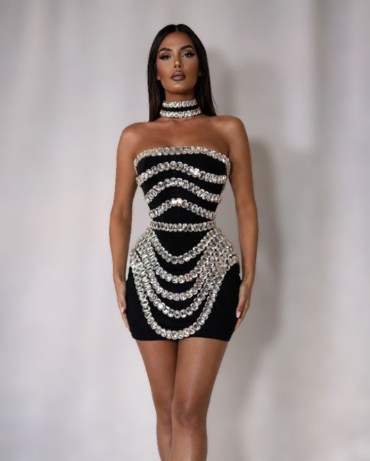 Black Crystal Corset Mini Dress with Draped Chain Detailing