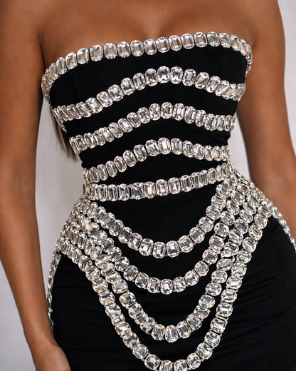 Black Crystal Corset Gown with Draped Chain Embellishments