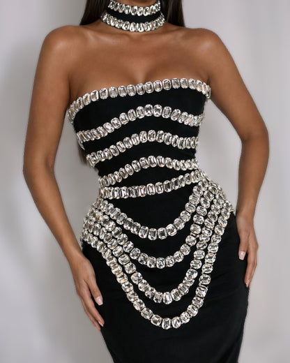Black Crystal Corset Gown with Draped Chain Embellishments