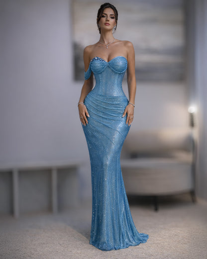 Blue Crystal Strapless Draped Evening Gown